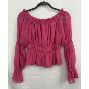 WAYF Off the Shoulder Pink Cropped Peasant Top Puff Sleeve Womens Size M Chiffon